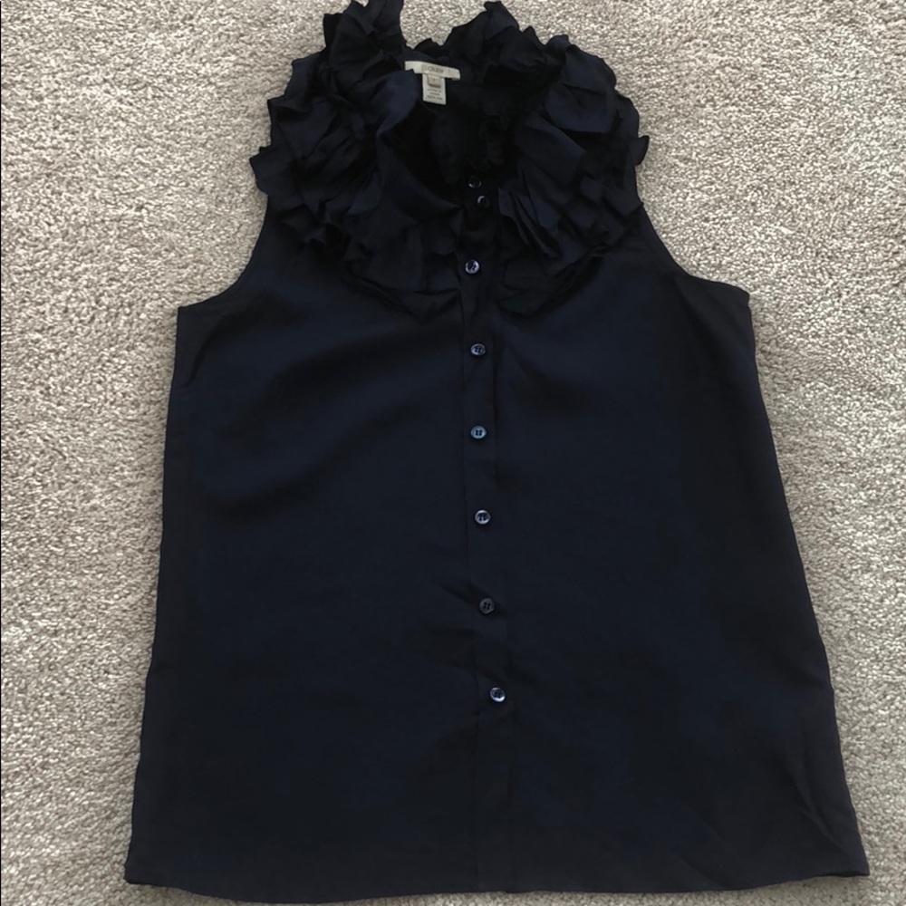 J. Crew Silk Ruffle Blouse Size 2 Navy